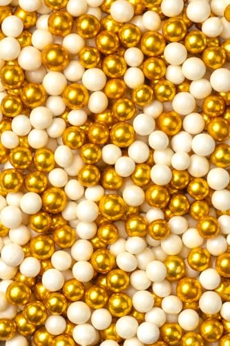 SD Pearls Zuckerstreusel, Essbare Zucker Perlen, Tortendeko Streusel Perlen, Bunter Streuselmix, Streudekor für Kuchen, Dessertdekoration für Geburtstagsfeiern. (Mix „Gold & Weiß“, 1000g) von SD Pearls