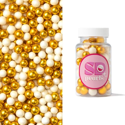 SD Pearls Zuckerstreusel, Essbare Zucker Perlen, Tortendeko Streusel Perlen, Bunter Streuselmix, Streudekor für Kuchen, Dessertdekoration für Geburtstagsfeiern. (Mix „Gold & Weiß“, 90g) von SD Pearls