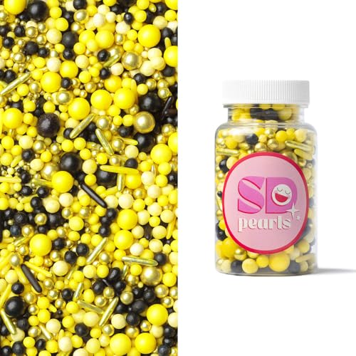 SD Pearls Zuckerstreusel, Essbare Zucker Perlen, Tortendeko Streusel Perlen, Bunter Streuselmix, Streudekor für Kuchen, Dessertdekoration für Geburtstagsfeiern. (Mix „Schwarz und Gelb“, 100g) von SD Pearls