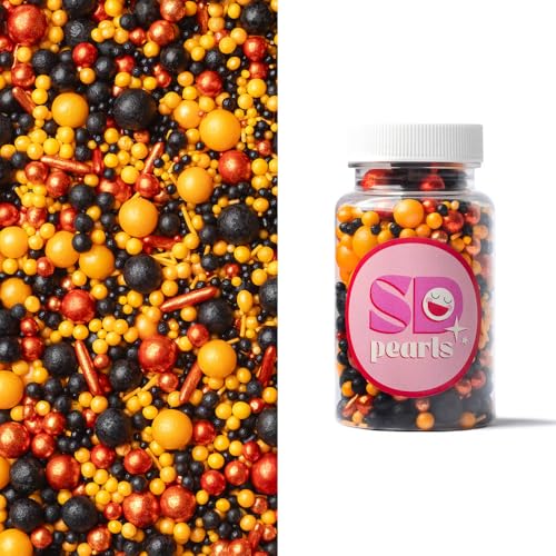 SD Pearls Zuckerstreusel, Essbare Zucker Perlen, Tortendeko Streusel Perlen, Bunter Streuselmix, Streudekor für Kuchen, Dessertdekoration für Geburtstagsfeiern. (Mix „Schwarz und Orange“, 450g) von SD Pearls
