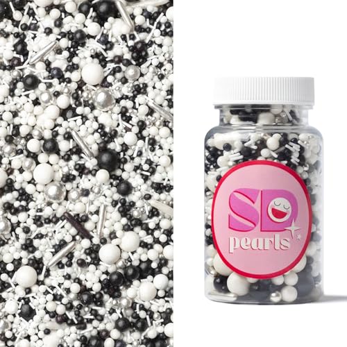 SD Pearls Zuckerstreusel, Essbare Zucker Perlen, Tortendeko Streusel Perlen, Bunter Streuselmix, Streudekor für Kuchen, Dessertdekoration für Geburtstagsfeiern. (Mix „Schwarz und Weiß“, 100g) von SD Pearls