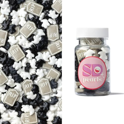 SD Pearls Zuckerstreusel, Halloween Streusel Essbar, Zuckerstreusel Halloween, Zucker Augen Deko Essbar, Streudekor für Kuchen, Muffins, Desserts. (Mix „RIP & Geist“, 40g) von SD Pearls