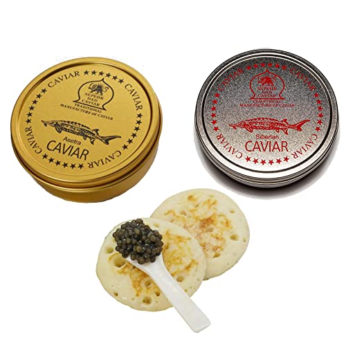 Sepehr Dad Kaviar Set Premium | 30g Siberian Kaviar & 30g Osietra Kaviar Fischrogen | 1x Perlmutlöffel | 1 Packung Blinis von SEPEHR DAD CAVIAR