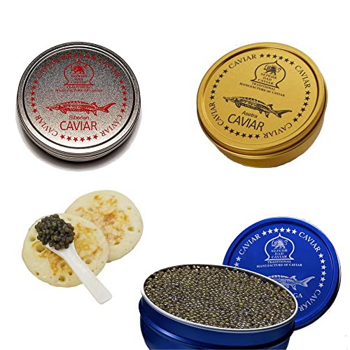 Sepehr Dad Kaviar Set Premium | 30g Siberian Kaviar & 30g Osietra Kaviar & 30g Amur Beluga Fischrogen | 2x Perlmutlöffel | 1 Packung Blinis von SEPEHR DAD CAVIAR