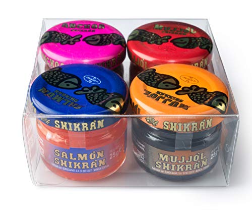 Eurocaviar - Shikran - Packungsmischung: 4 x 25 gm Mullet Roe Schwarze Kaviarperlen + Mullet Roe Rote Kaviarperlen + Geräucherte Lachskaviarperlen + Sardellen Kaviarperlen von Shikrán
