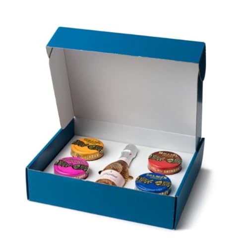 Eurocaviar - Shikran - Probierpackung - 4 x 50g Kaviar Perlen: Vokuhila Roe Black, Vokuhila Roe Red, Räucherlachs, Sardellen + 200ml Champagner ohne Alkohol - Premium Gourmet Geschenkset für alle von Shikrán
