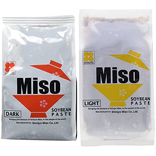 Shinjyo Aka Miso – dunkle Miso-Suppenpaste aus Japan – Ideal zum Kochen von Misosuppe oder zum Würzen von Marinaden – 1 x 500 g & Shinjyo Shiro Miso – Helle Miso-Suppenpaste aus Japan – 1 x 500 g von Shinjyo Miso