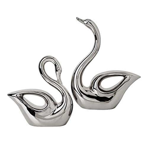 SHOUKAII 2 Stück Keramik-Paar-Schwäne-Figuren, kreative Desktop-Kunst, Ornamente, Hof, Garten, Schlafzimmer, Heimdekoration(Silver) von SHOUKAII