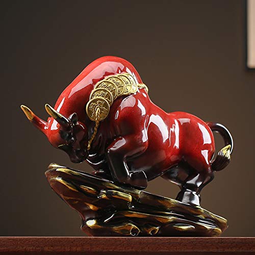 SHOUKAII Weiping – Große rote Keramik-Stierstatue, glückliche Feng-Shui-Dekoration auf dem Schreibtisch, Figurenstatue mit Sockel (Color : Red) von SHOUKAII