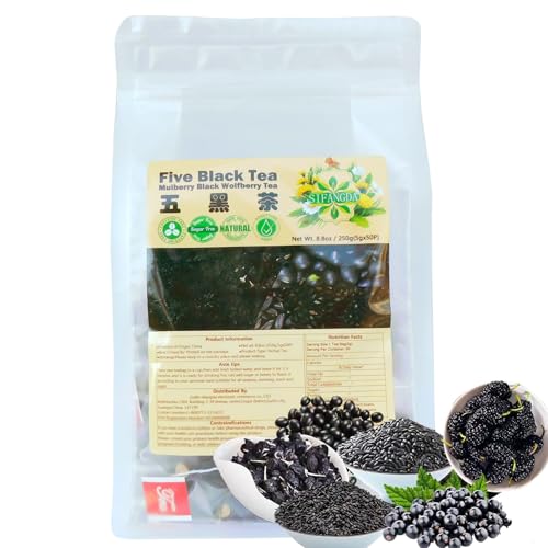 SIFANGDA Wu Hei Tee 五黑茶 8.8oz(250g,5gx50P) Fünf Schwarzer Tee Maulbeere Schwarzer Wolfsbeere Tee Kombination Kräutertee Beutel Natürlicher Chinesischer Kräuter Tee von SIFANGDA