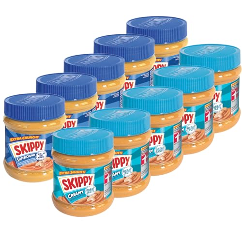 SKIPPY 10x 340g Erdnussbutter | 5x Creamy + 5x Crunchy | Peanutbutter Ohne Palmöl | Extra Smooth und Crunchy | Leckere Erdnussbutter mit vollem und cremigen Geschmack von SKIPPY