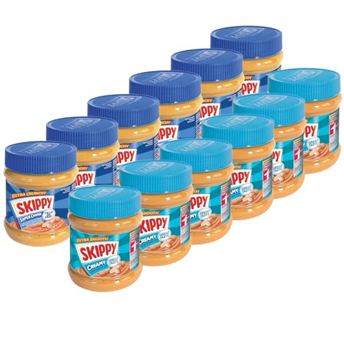 SKIPPY 12x 340g Erdnussbutter | 6x Creamy + 6x Crunchy | Peanutbutter Ohne Palmöl | Extra Smooth und Crunchy | Leckere Erdnussbutter mit vollem und cremigen Geschmack von SKIPPY