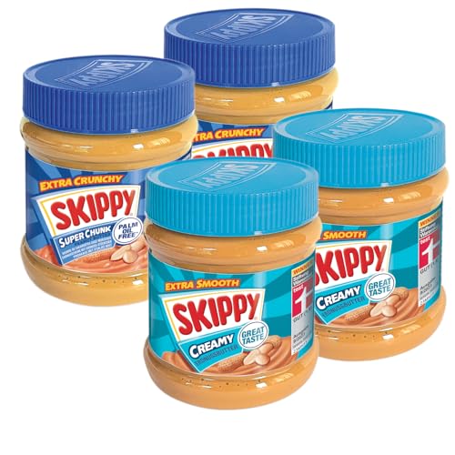 SKIPPY 4x 340g Erdnussbutter | 2x Creamy + 2x Crunchy | Peanutbutter Ohne Palmöl | Extra Smooth und Crunchy | Leckere Erdnussbutter mit vollem und cremigen Geschmack von SKIPPY