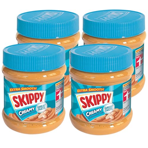 SKIPPY 4x 340g Erdnussbutter "Creamy" | Peanutbutter Ohne Palmöl | Extra Smooth und aus 91% Erdnüssen | ohne Stückchen | Leckere Erdnussbutter mit vollem und cremigen Geschmack von SKIPPY