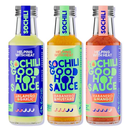 SOCHILI GOOD SET | 3 unterschiedliche scharfe Soßen: Jalapeño & Garlic, Habanero Chili & Mustard, Habanero Chili & Mango | Geschenkset | Bio, fair & vegan von SOCHILI