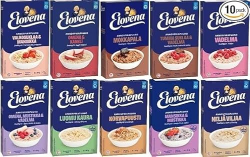 Elovena Porridge Variety Set – 10er-Pack finnischer Porridges mit verschiedenen Geschmacksrichtungen (je 210–240 g | Gesamtgewicht 2,1–2,4 kg) – Premium nordisches Frühstücks-Set in der SÖPÖSÖPÖ-Box von SÖPÖSÖPÖ