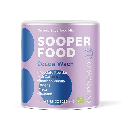 SOOPER FOOD® Cocoa Wach - Bourbon Vanille 250g Pulver - Bio-Vegane-Schokogenuss mit Kakao, Guarana & natürlichem Koffein macht es dir morgens leicht - schnelle Energiezufuhr - u.a. mit Banane etc. von SOOPER FOOD