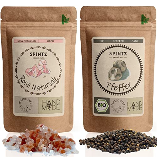 SPINTZ Bio Pfeffer schwarz ganz + Rosa Natursalz grob - Kombi Angebot je 1kg (2x1000g) - Pfefferkörner & Salz für Pfeffermühle - schwarzer Pfeffer aus biologischem Anbau | plastikfrei verpackt von SPINTZ