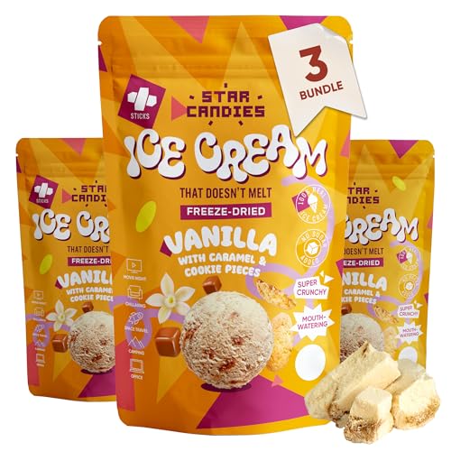 Star Candies Vanilleeis mit Karamell und Keksen | Gefriergetrocknete Süßigkeiten | Freeze Dried Candy | Weltraum- und Astronauten-Snack | Camping, Party Essen | Geburtstags- oder Party (3er Pack) von STAR CANDIES