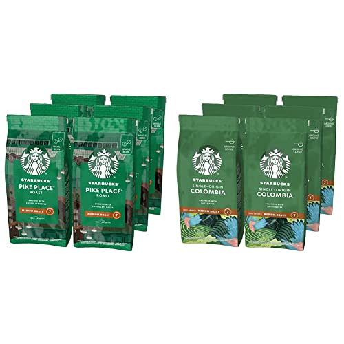 STARBUCKS Single-Origin Colombia Filterkaffee, Röstkaffee gemahlen, Mittlere Röstung (6 x 200g) & Pike Place Roast Ganze Kaffeebohnen, Mittlere Röstung (6 x 200g) von STARBUCKS