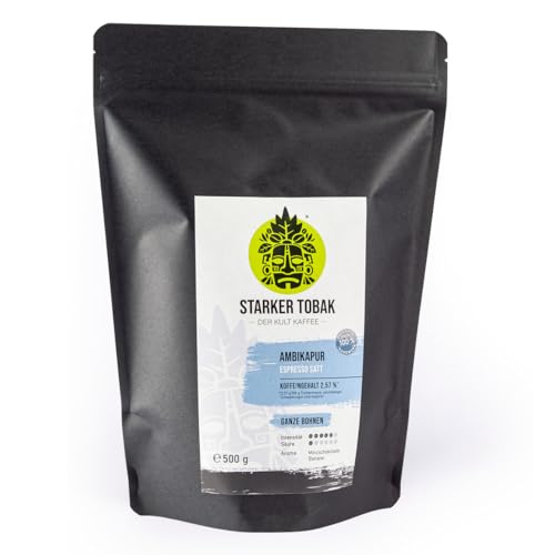 AMBIKAPUR Espresso 500 g, ganze Bohne, 100% Robusta, Guatemala und Indien, handgeröstet, geeignet für Vollautomat, Siebträger und Herdkännchen, Koffeingehalt: 2,57%, besonders säurearm, Intensität 5/6 AMBIKAPUR Espresso 500 g, ganze Bohne, 100% Robusta, Guatemala und Indien, handgeröstet, geeignet für Vollautomat, Siebträger und Herdkännchen, Koffeingehalt: 2,57%, besonders säurearm, Intensität 5/6 von STARKER TOBAK DER KULT KAFFEE