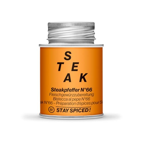 Steakpfeffer N°66 von STAY SPICED ! I Köstliches BBQ Gewürz I Herrlich würzig & angenehm scharf I Füllgewicht 70g | 170ml Schraubdose aus Weißblech zu 100% recyclebar von stay spiced!