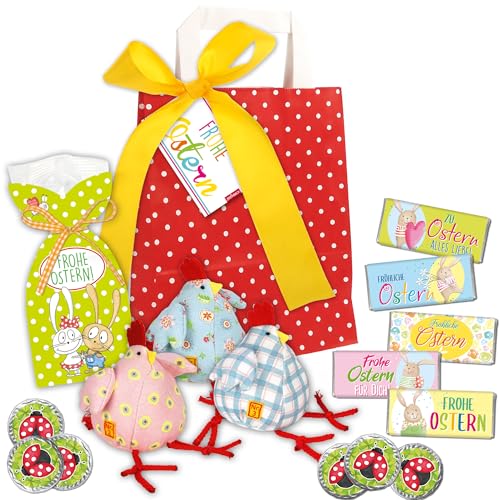 STEINBECK Geschenktüte Ostern 5x Mini-Schokolade 1x Fruchtgummi, 6x Schokotaler, 3x Stoffhuhn Ostergeschenk Osternest Geschenkset Osterhase Huhn STEINBECK Geschenktüte Ostern 5x Mini-Schokolade 1x Fruchtgummi, 6x Schokotaler, 3x Stoffhuhn Ostergeschenk Osternest Geschenkset Osterhase Huhn von STEINBECK