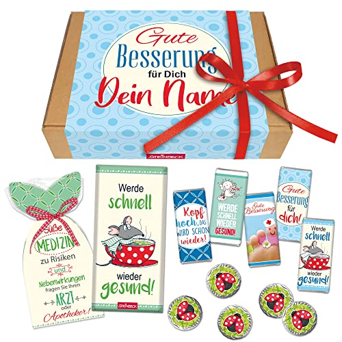STEINBECK Personalisierte Geschenkbox - Gute Besserung - mit Vorname Süße Medizin Geschenkset mit Schokolade und Fruchtgummi Krankenbesuch Erkältung von STEINBECK