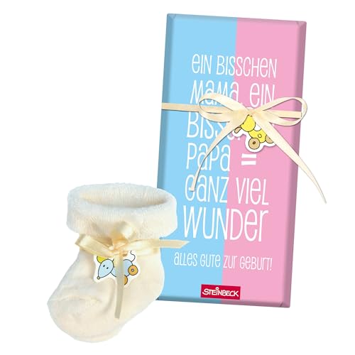 STEINBECK Geburt Geschenk Schokolade 100g mit Socken natur Ein bisschen Mama, ein bisschen Papa = ganz viel Wunder! Vollmilch Tafel - Alles Gute zur Geburt von STEINBECK