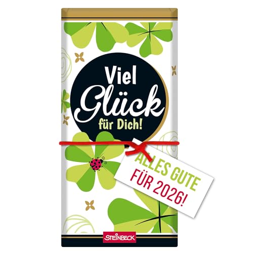 STEINBECK Glück Geschenk-Schokolade 100g Tafel - Viel Glück für Dich - mit Anhänger Alles Gute für 2026 - Silvester und Neujahr Glücksbringer Marienkäfer Glücksklee von STEINBECK