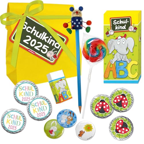 STEINBECK Schulanfang Einschulung Geschenk Schulkind Erstklässler Geschenktüte Schultüte Zuckertüte ABC Bonbons Süßes 1.Klasse Mitbringsel Button Radiergummi Bleistift von STEINBECK