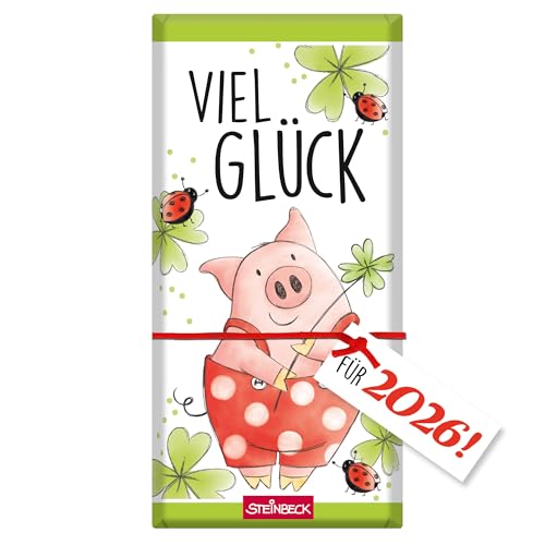 STEINBECK Viel Glück - Neujahr Silvester 2026 - Geschenk Schokolade 100g Tafel mit Anhänger Alles Gute für den Jahreswechsel 2024-2025 von STEINBECK
