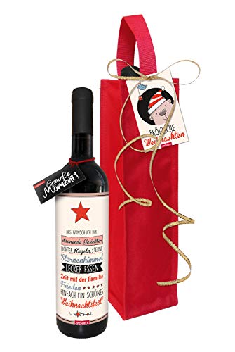 STEINBECK Wein - Fröhliche Weihnachten - trockener Rotwein aus Spanien 100% Tempranillo in Flaschentasche Mitbringsel mit Spruch als Geschenk zum Weihnachtsessen von STEINBECK