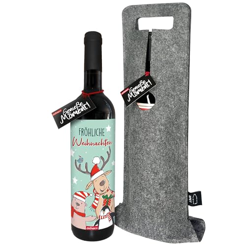 STEINBECK Wein - Fröhliche Weihnachten - Weihnachtsessen Geschenk trockener Rotwein aus Spanien 100% Tempranillo in Flaschentasche Weihnachtsfeier Advent Rentier schwarz gold Merry Christmas von STEINBECK