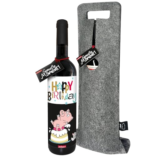 STEINBECK Wein Happy Birthday Glücksschwein trockener Rotwein aus Spanien originelles lustiges Geschenk für Frauen und Männer runder Geburtstag von STEINBECK