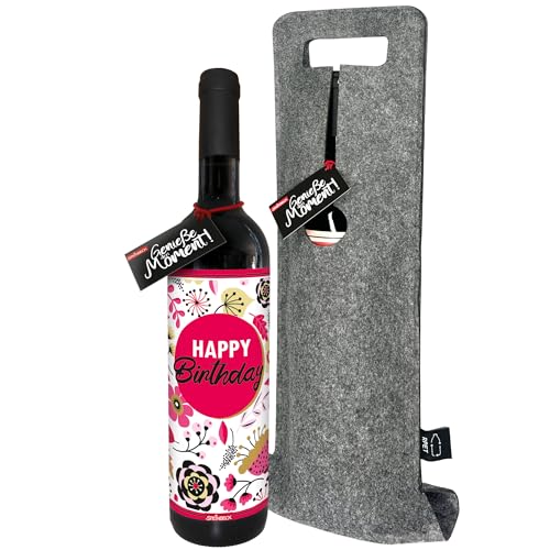 STEINBECK Wein Happy Birthday trockener Rotwein aus Spanien Blumen flowers zum Geburtstag für Frauen Freundin außergewöhnliches besonderes Mitbringsel pink von STEINBECK