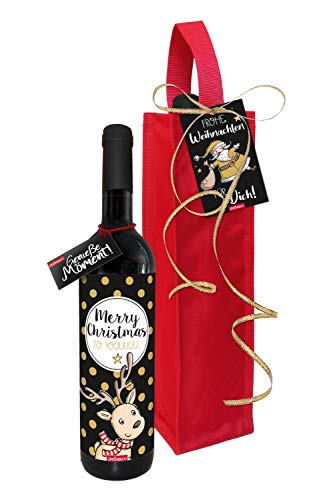 STEINBECK Wein - Merry Christmas - Weihnachtsessen Geschenk trockener Rotwein aus Spanien 100% Tempranillo in Flaschentasche Weihnachtsfeier Advent Rentier schwarz gold von STEINBECK