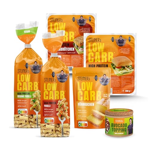 STEINER's Low Carb Kennenlern Box | 79-99% weniger Kohlenhydrate | Fusilli, Brötchen & Rührkuchen Backmischung | Inkl. Avocado Topping | Ballaststoffreich, Eiweißreich, low calorie Lebensmittel von STEINER´s