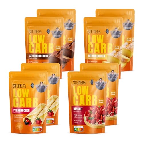 STEINER´s Low Carb Back Box groß | 78-98% weniger Kohlenhydrate | Pfannkuchen, Pancakes, Schokoladenkuchen & Rührkuchen | Glutenfrei, ballaststoffreich & kalorienreduziert | 8er Set – je 2x pro Sorte von STEINER´s