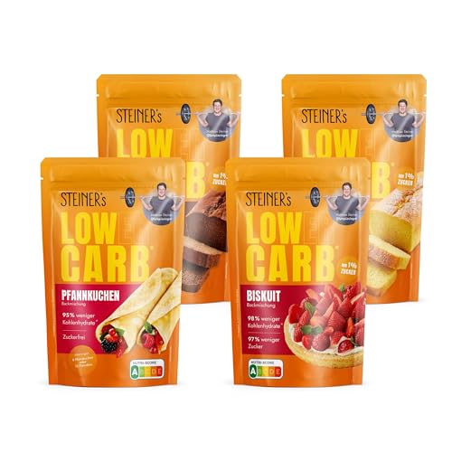 STEINER´s Low Carb Back Box klein | 78-98% weniger Kohlenhydrate| Pfannkuchen, Pancakes, Schokoladenkuchen & Rührkuchen | Glutenfrei, ballaststoffreich & kalorienreduziert | 4er Set – je 1x pro Sorte von STEINER´s