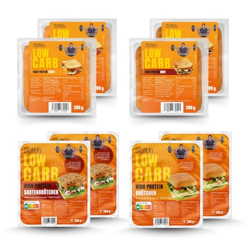 STEINER´s Low Carb High Protein Brot Box | 87-92% weniger Kohlenhydrate | Brot (2x280g), Toast (2x280g), Brötchen (2x280g, 8 Stk.), Saatenbrötchen (2x280g, 8 Stk.) von STEINER´s