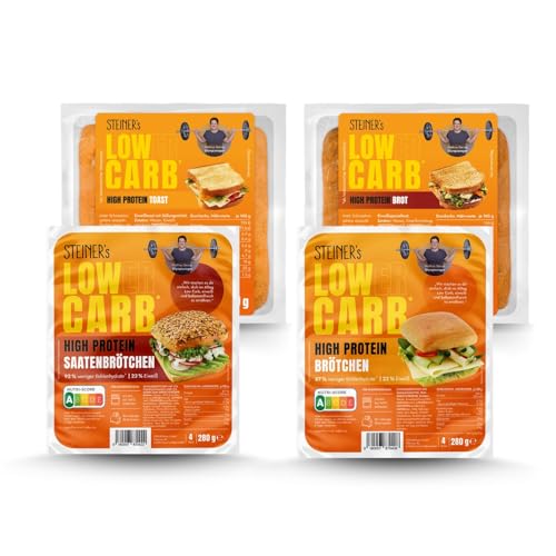 STEINER´s Low Carb High Protein Brot Box | 87-94% weniger Kohlenhydrate | Brot (1x280g), Toast (1x280g), Brötchen (1x280g, 4 Stk.), Saatenbrötchen (1x280g, 4 Stk.) von STEINER´s