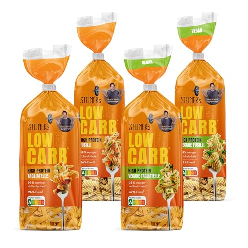 STEINER's Low Carb High Protein Pasta Probier Box | 95-99% weniger Kohlenhydrate | Fusilli (250g), Tagliatelle (250g), vegane Fusilli (250g), vegane Tagliatelle (250g) von STEINER´s