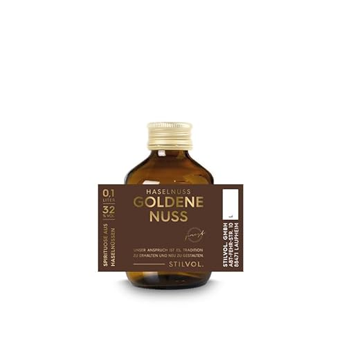 Haselnuss-Schnaps "Goldene Nuss" mit 32% Alkohol von STILVOL. — Natürliche Haselnuss-Spirituose aus karamellisierten Nüssen (ohne Zusätze/Aromen) (100ml) von STILVOL.