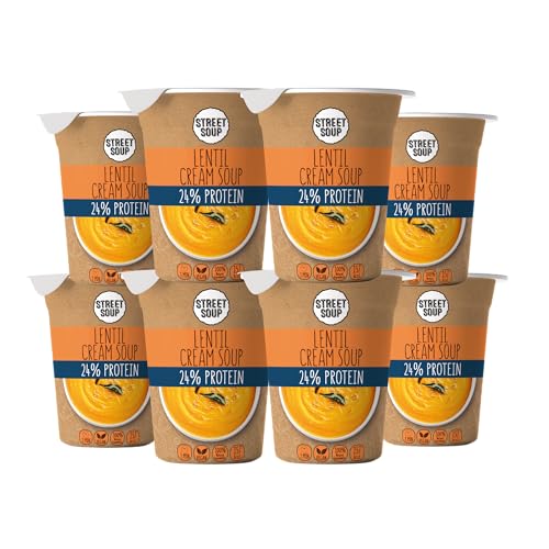 STREET SOUP Protein Instant Suppe To Go (Linsen, 8 Stück, je 300g) - Fertige Low Carb Cremesuppen für Diät, zum Abnehmen & unterwegs - Linsensuppe - Fertiggerichte & Fertigessen vegan & glutenfrei von STREET SOUP