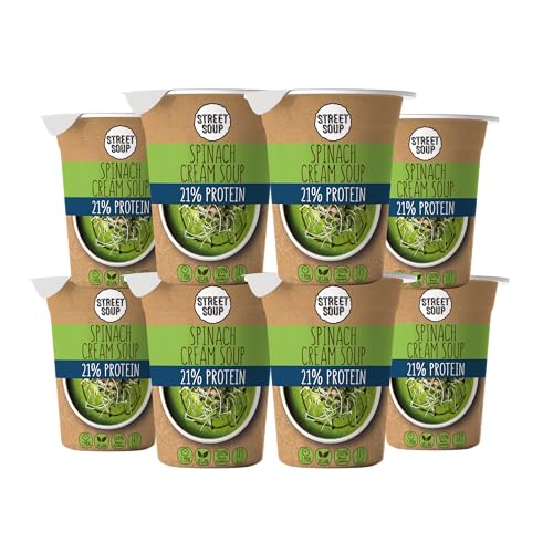 STREET SOUP Protein Instant Suppe To Go (Spinat, 8 Stück, je 300g) - Fertige Low Carb Cremesuppen für Diät, zum Abnehmen & unterwegs - Spinatsuppe - Fertiggerichte & Fertigessen vegan & glutenfrei von STREET SOUP