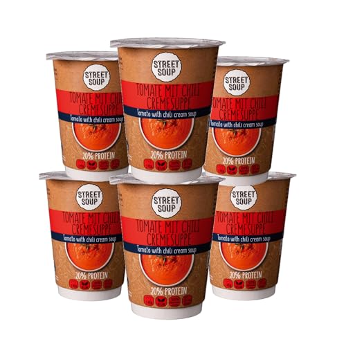 STREET SOUP Protein Instant Suppe To Go (Tomaten, 6 Stück, je 300g) - Fertige Low Carb Cremesuppen für Diät, zum Abnehmen & unterwegs - Tomatensuppe - Fertiggerichte & Fertigessen vegan & glutenfrei von STREET SOUP