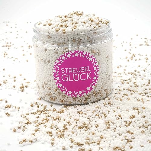 Streusel Glück Streusel Just Pure weiss-gold 180g Nonpareilles Zuckerperlen Zuckestreusel Kindergeburtstag Weihnachten Tortendeko Cupcakes Muffins Christmas Kuchenstreusel Plätzchen Torte von STREUSEL GLÜCK wir streuseln Liebe