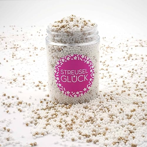 Streusel Glück Streusel Just Pure weiss-gold 90g Nonpareilles Zuckerperlen Zuckestreusel Kindergeburtstag Weihnachten Tortendeko Cupcakes Muffins Christmas Kuchenstreusel Plätzchen Torte von STREUSEL GLÜCK wir streuseln Liebe