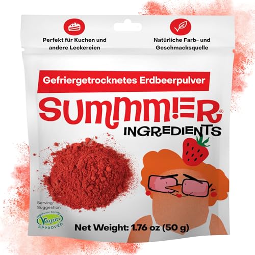 Summmer Gefriergetrocknetes Erdbeerpulver (50g) Ohne Zuckerzusatz, Rein - 100% Natürliche Gefriergetrocknete Erdbeeren - Ohne Künstliche Zusatzstoffe - Gentechnikfrei - für Veganer Geeignet von SUMMMER